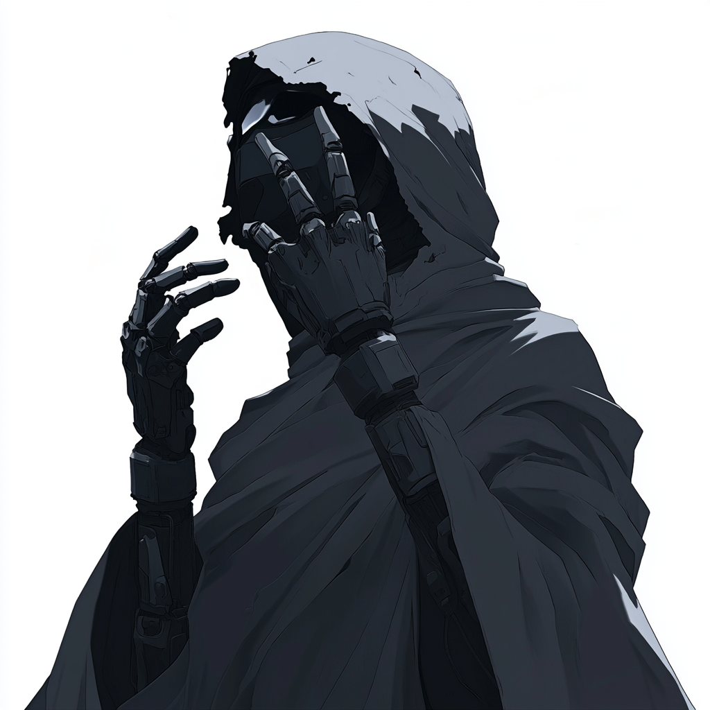 Character design in anime style wearing cloak and mask.