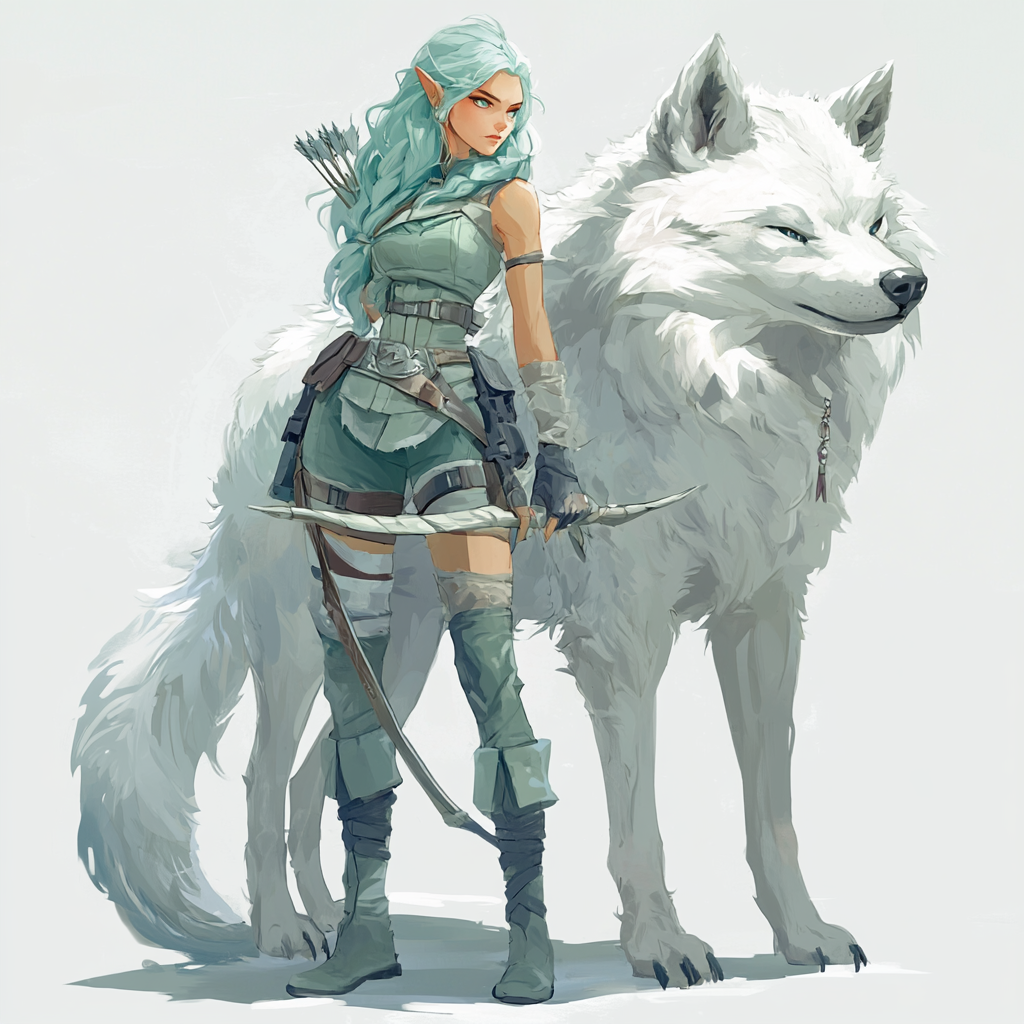 Character design with green hair, fluffy white wolf.