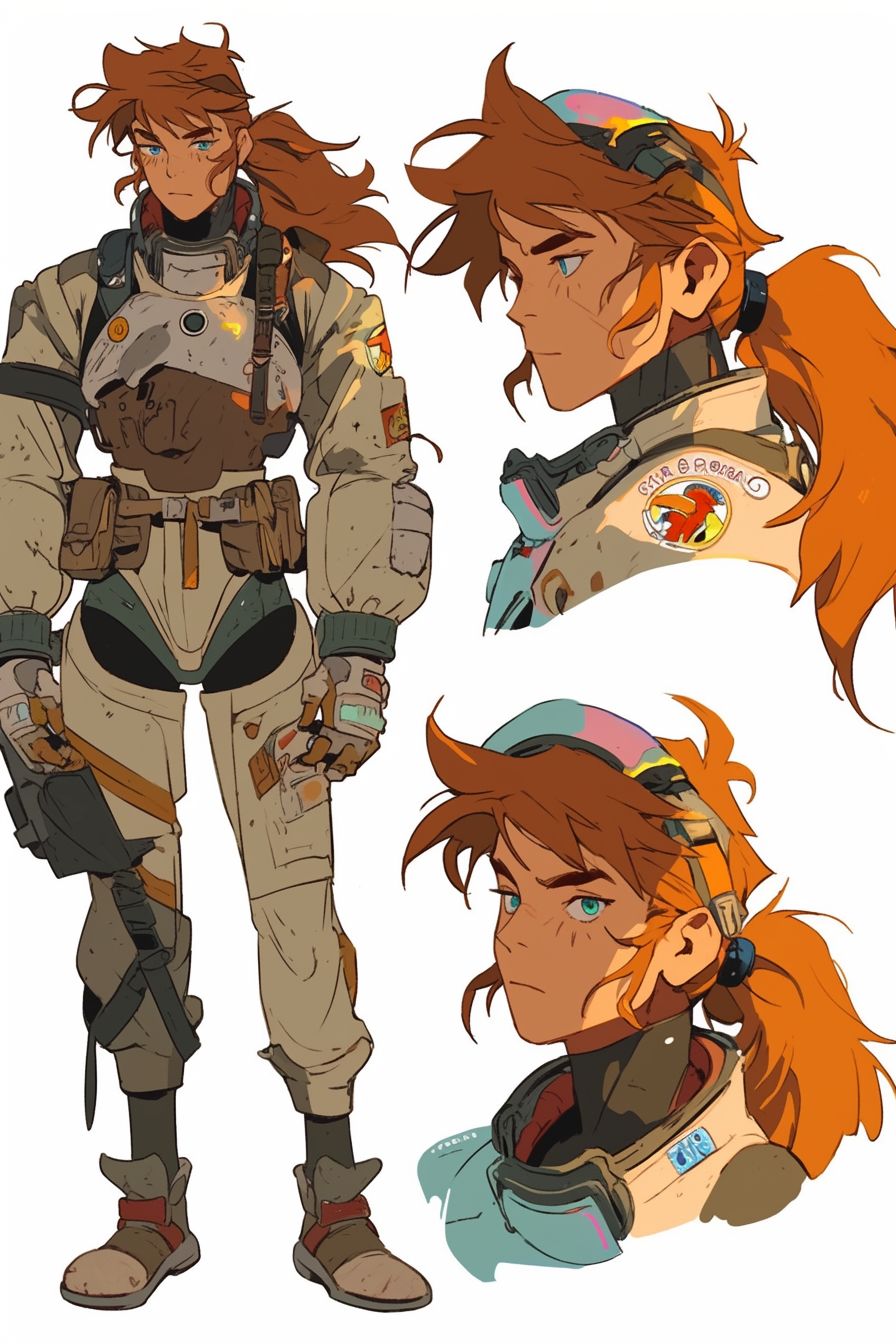 Character reference sheet with tan guy in pilot suit.