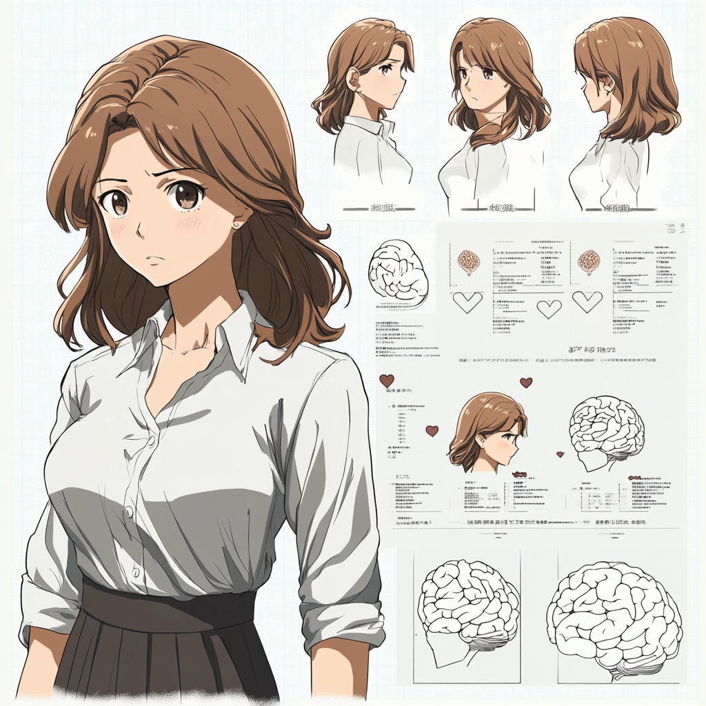 Character sheet of 25-year-old psychology teacher with warm expression.