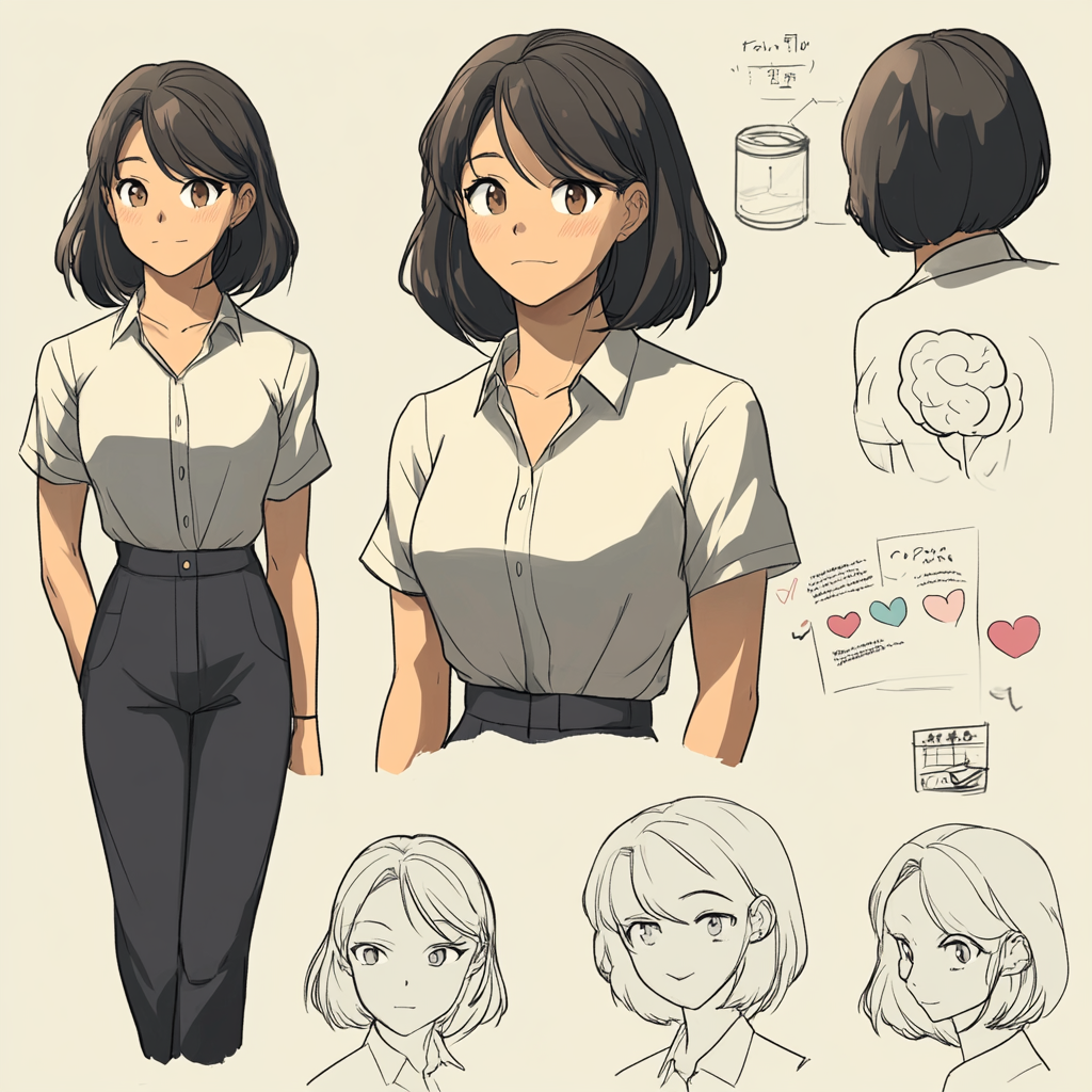 Character sheet of Tappuru Sensei, psychology teacher, clean, professional.