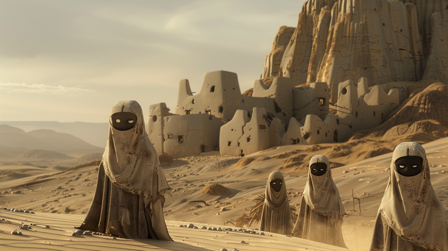 Characters in desert village ruins pondering under overcast sky