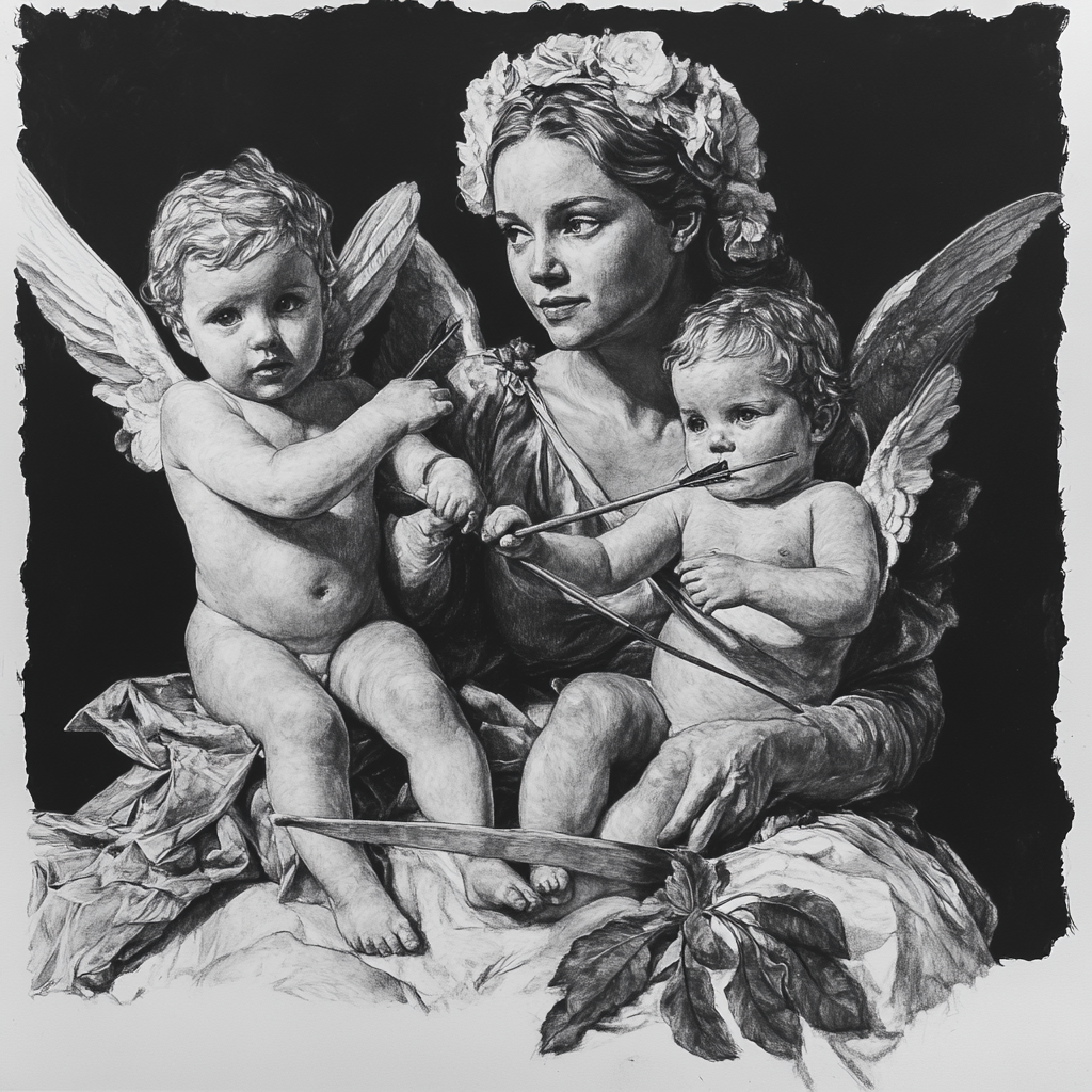 Charcoal Drawing of Lady Angel with Three Cherub Children