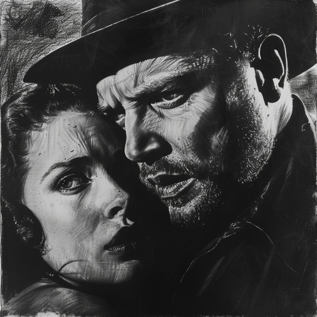 Charcoal drawing of menacing man in fedora hat.