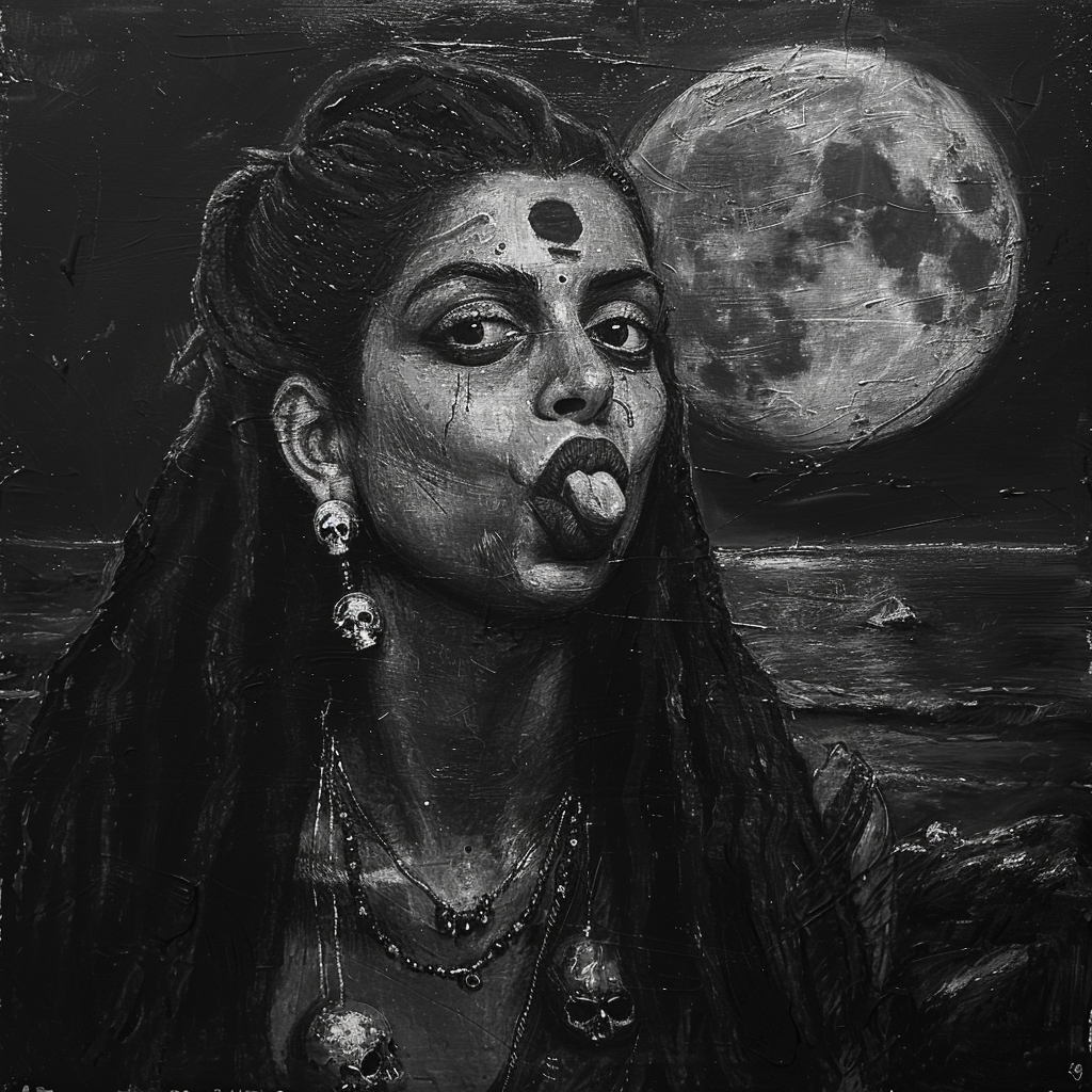 Charcoal painting of goddess Kali by river Ganga.