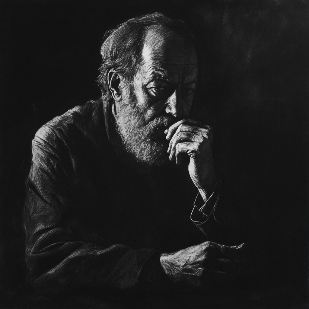 Charcoal portrait of Russian author Solzhenitsyn, deep in thought.