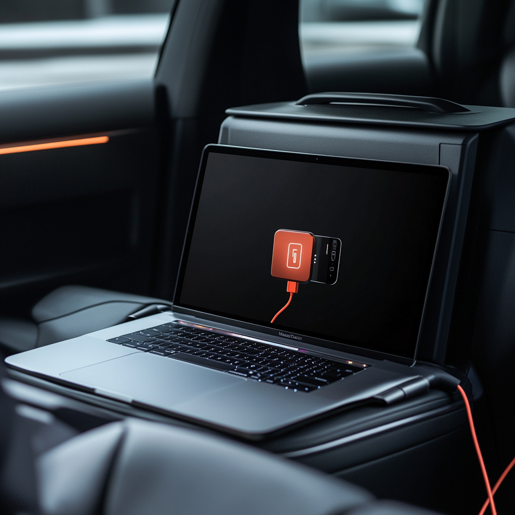 Charging laptop in electric car back seat