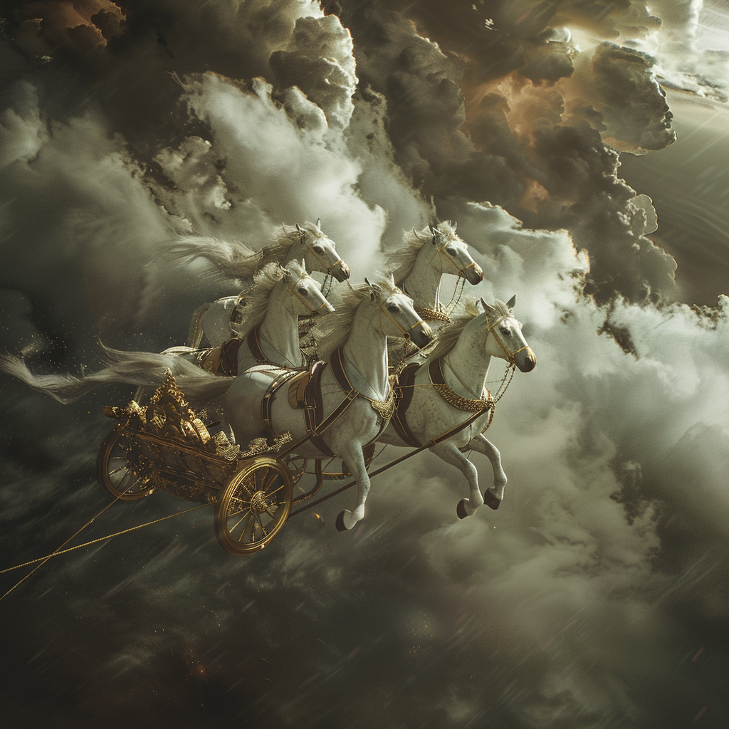 Chariot Team Pulling Golden Chariot in Stormy Sky