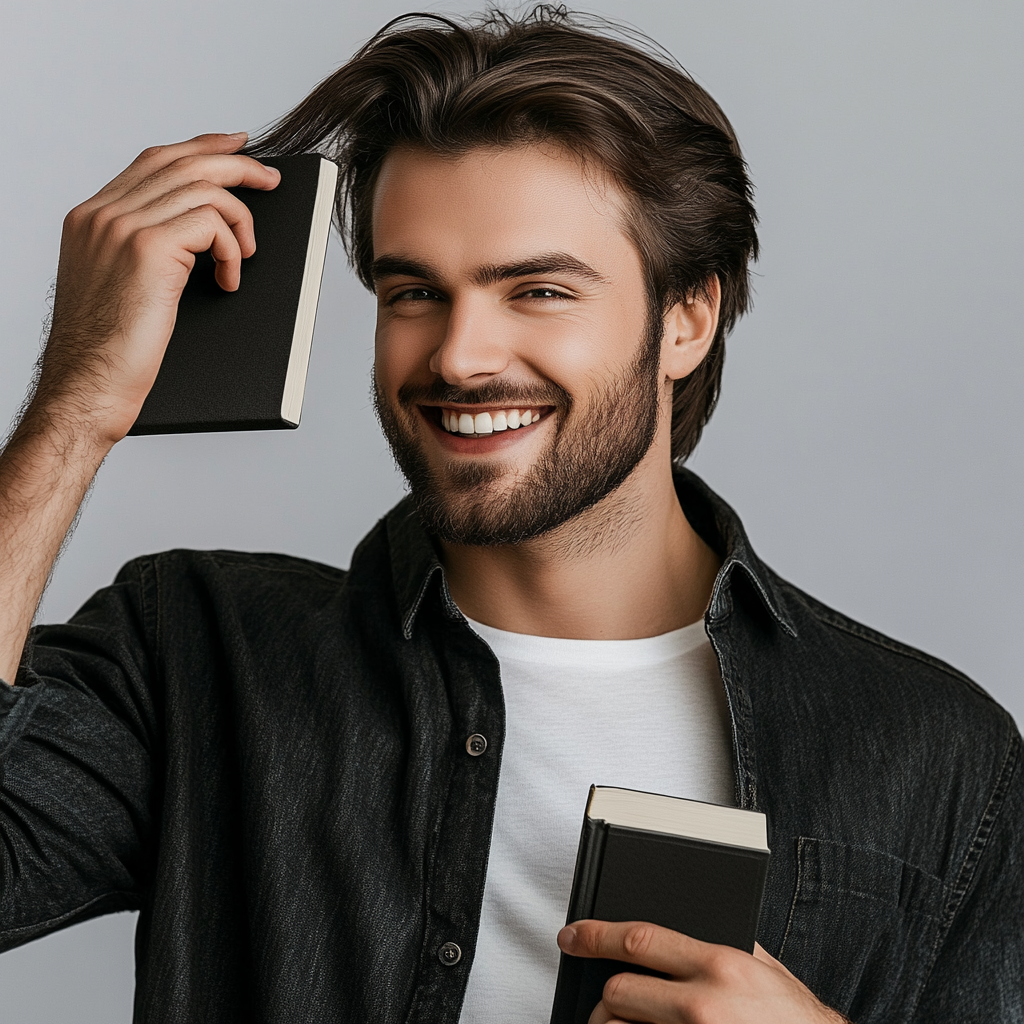 Charismatic male with thick hair, holding book mockup proudly.