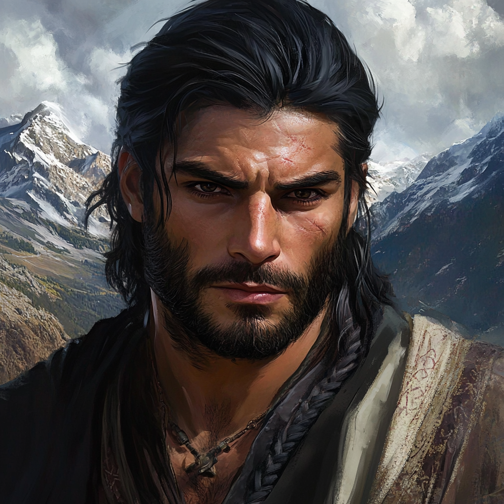 Charismatic man with black hair in front of mountains