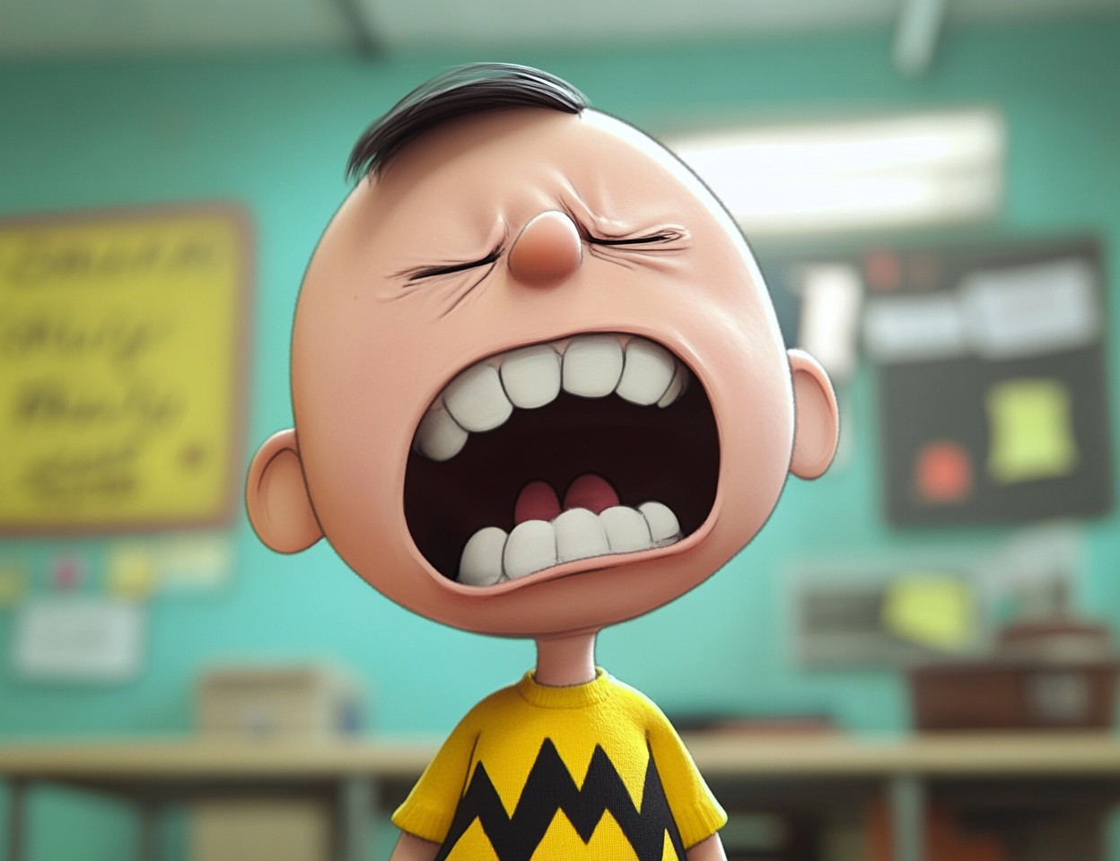 Charlie Brown Yawning in High-School Shop Class