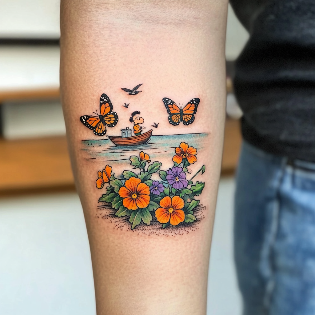 Charlie Brown watches boat by colorful garden tattoo