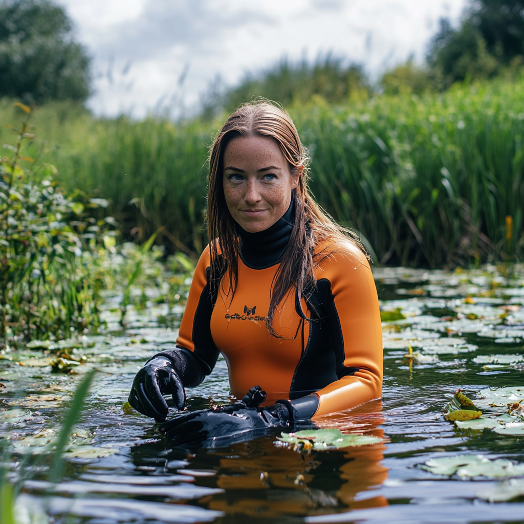 Charlotte Church in orange wetsuit diving in weedy lake