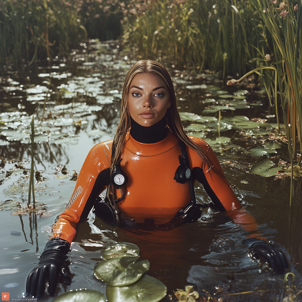 Charlotte Church in orange wetsuit in weedy lake