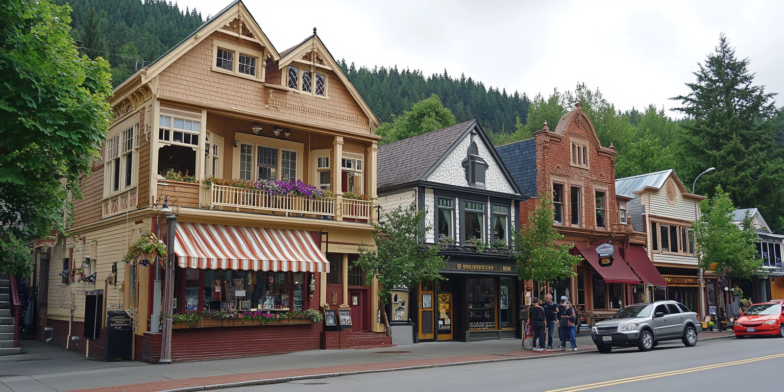 Charming American town street with cozy buildings