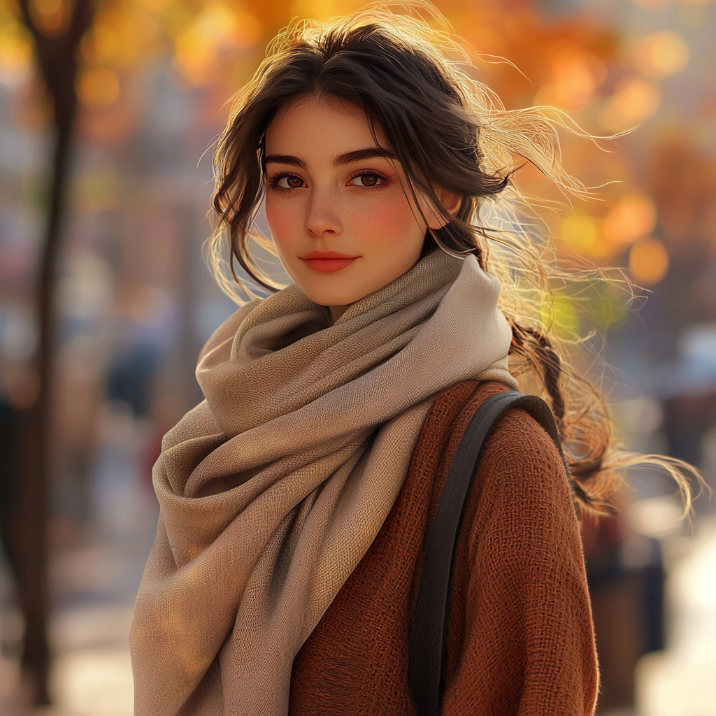 Charming Woman in Stylish Autumn Scene with Scarf