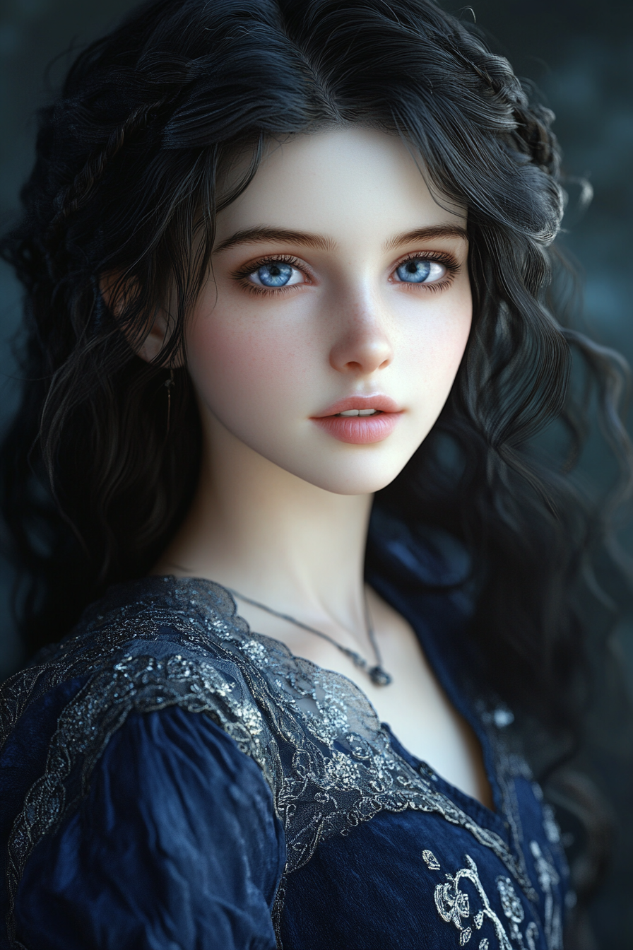 Charming Young Witch in Elegant Blue Dress