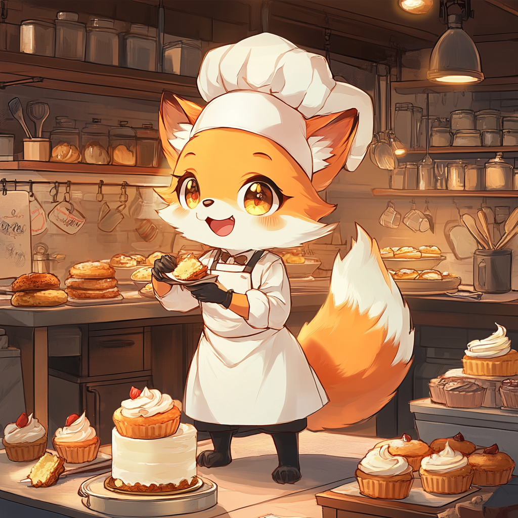 Charming chibi fox baker decorating cake in kitchen.