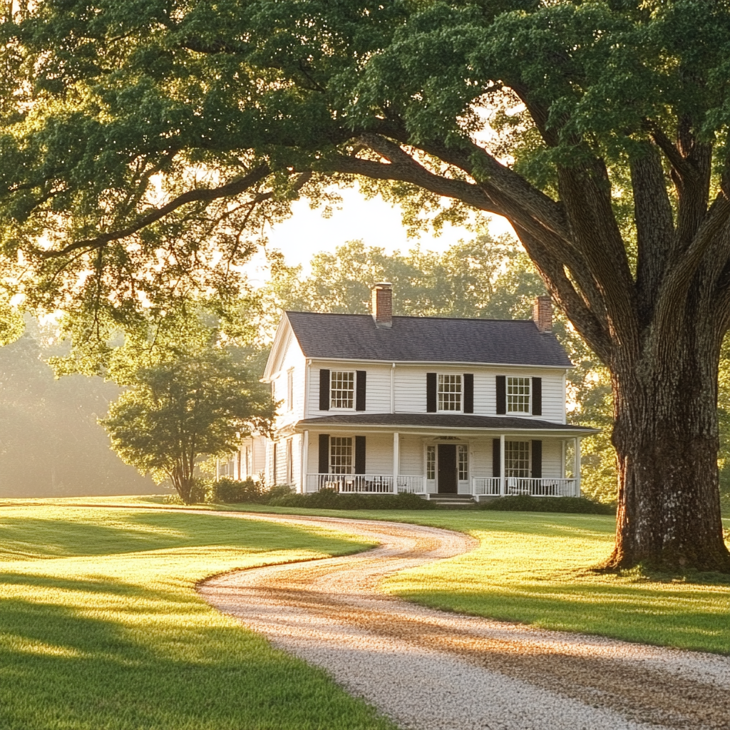 Charming countryside farmhouse with green lawn and sunlight.