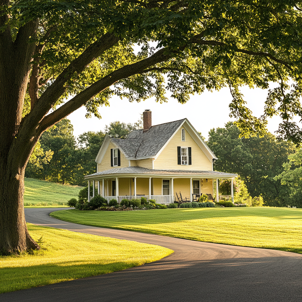 Charming farmhouse in rural setting with yellow exterior.