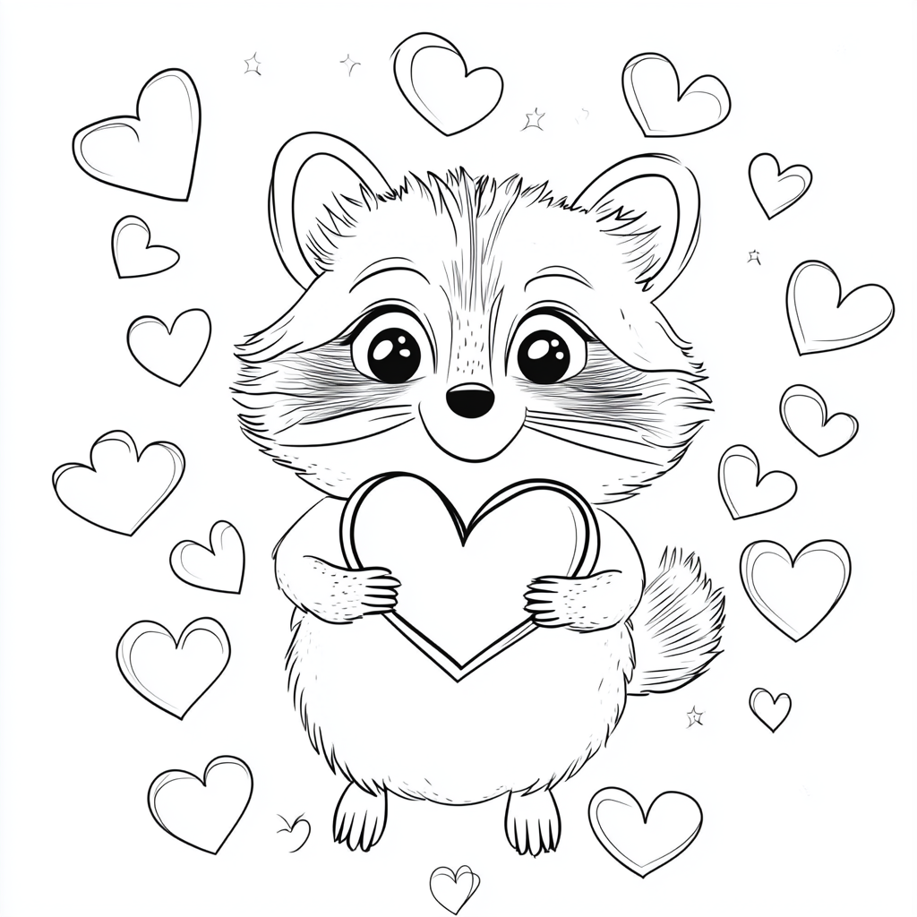 Charming raccoon holding heart with surrounding hearts, minimalist style.