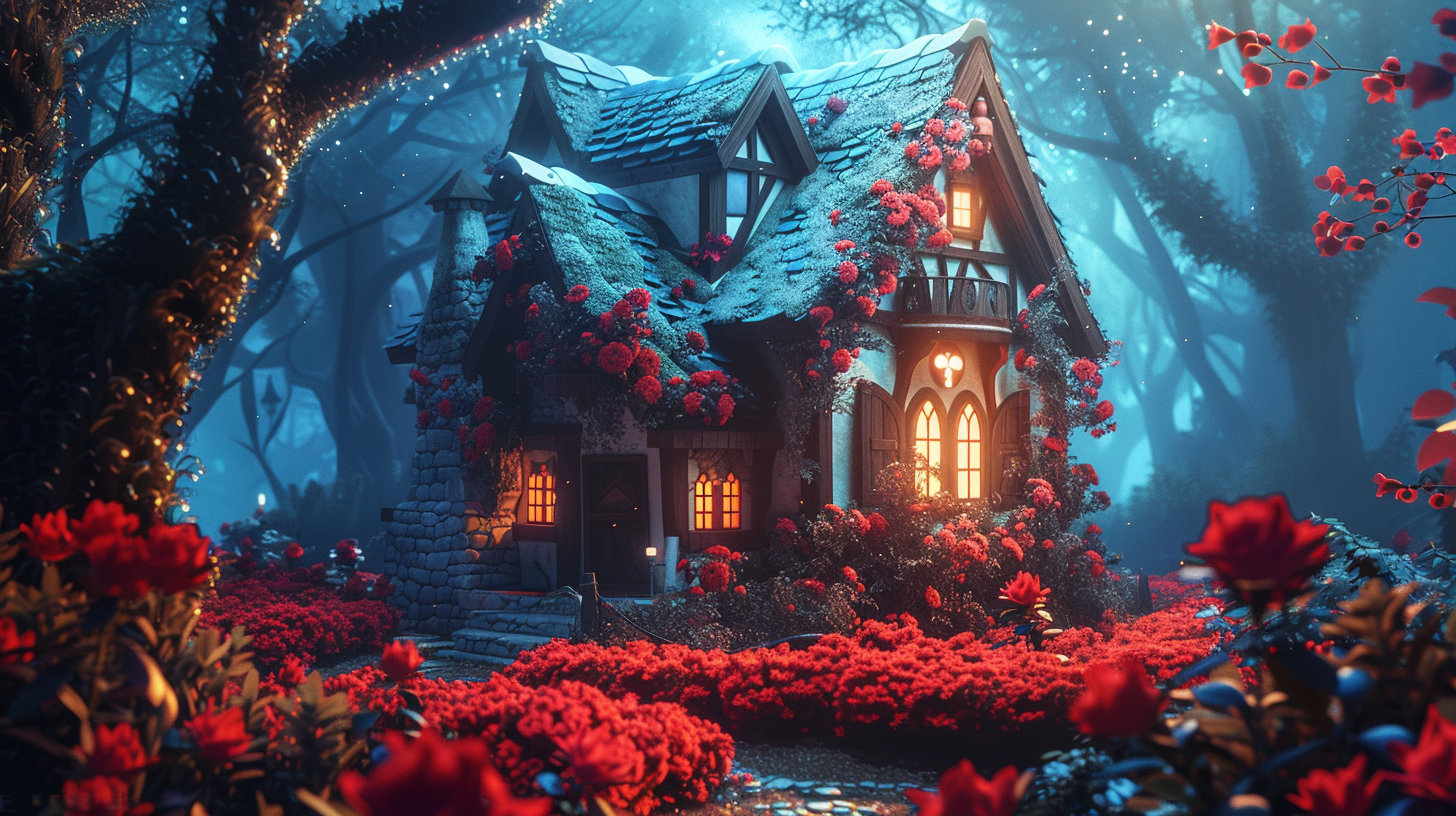 Charming tiny house in magical forest with red flowers.