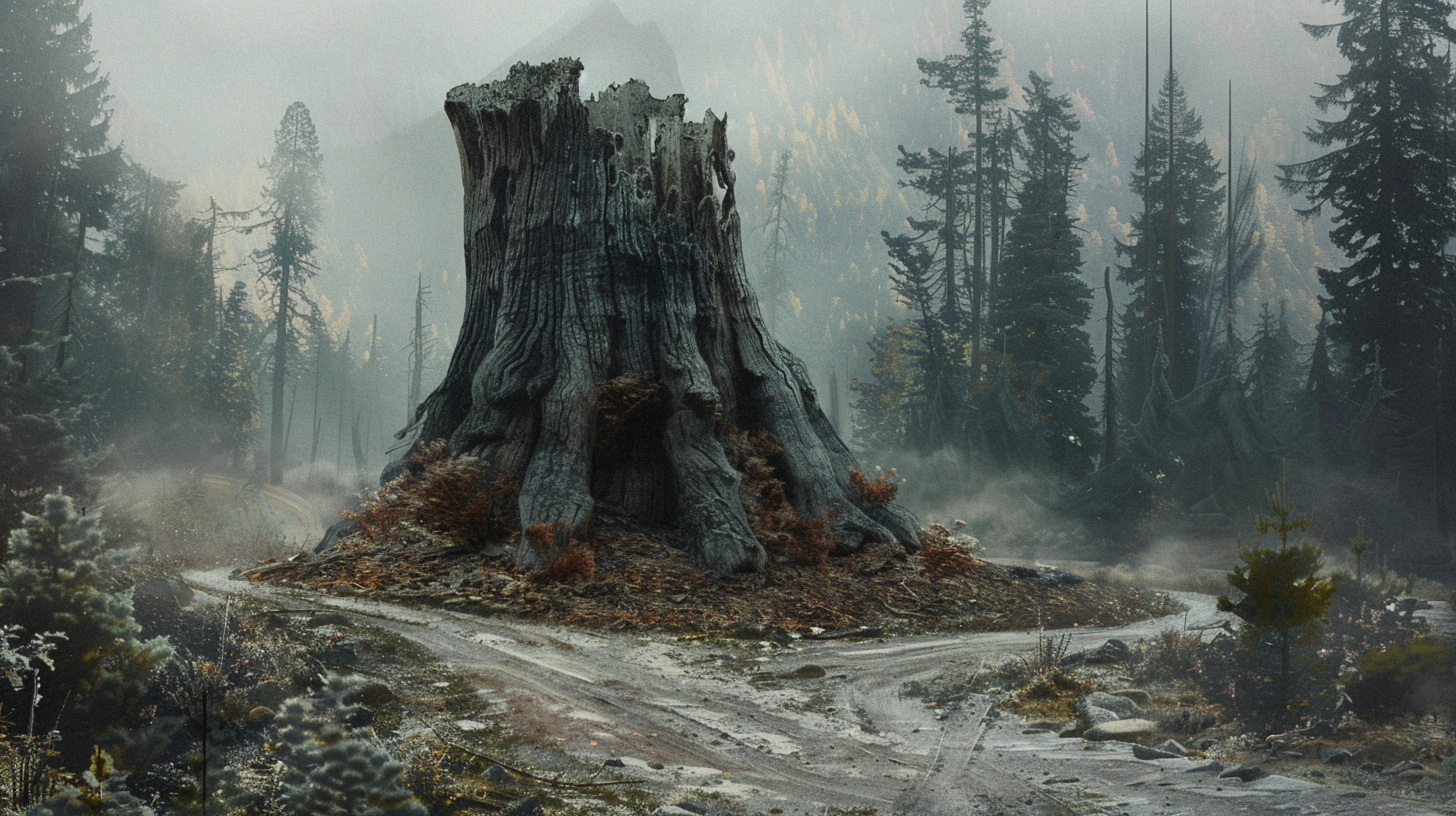 Charred Wych Elm tree in foggy fantasy forest.