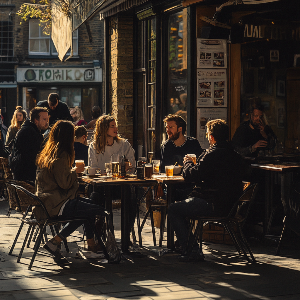 Chatting at Shoreditch Cafe Tables, Sunny Day Scene 