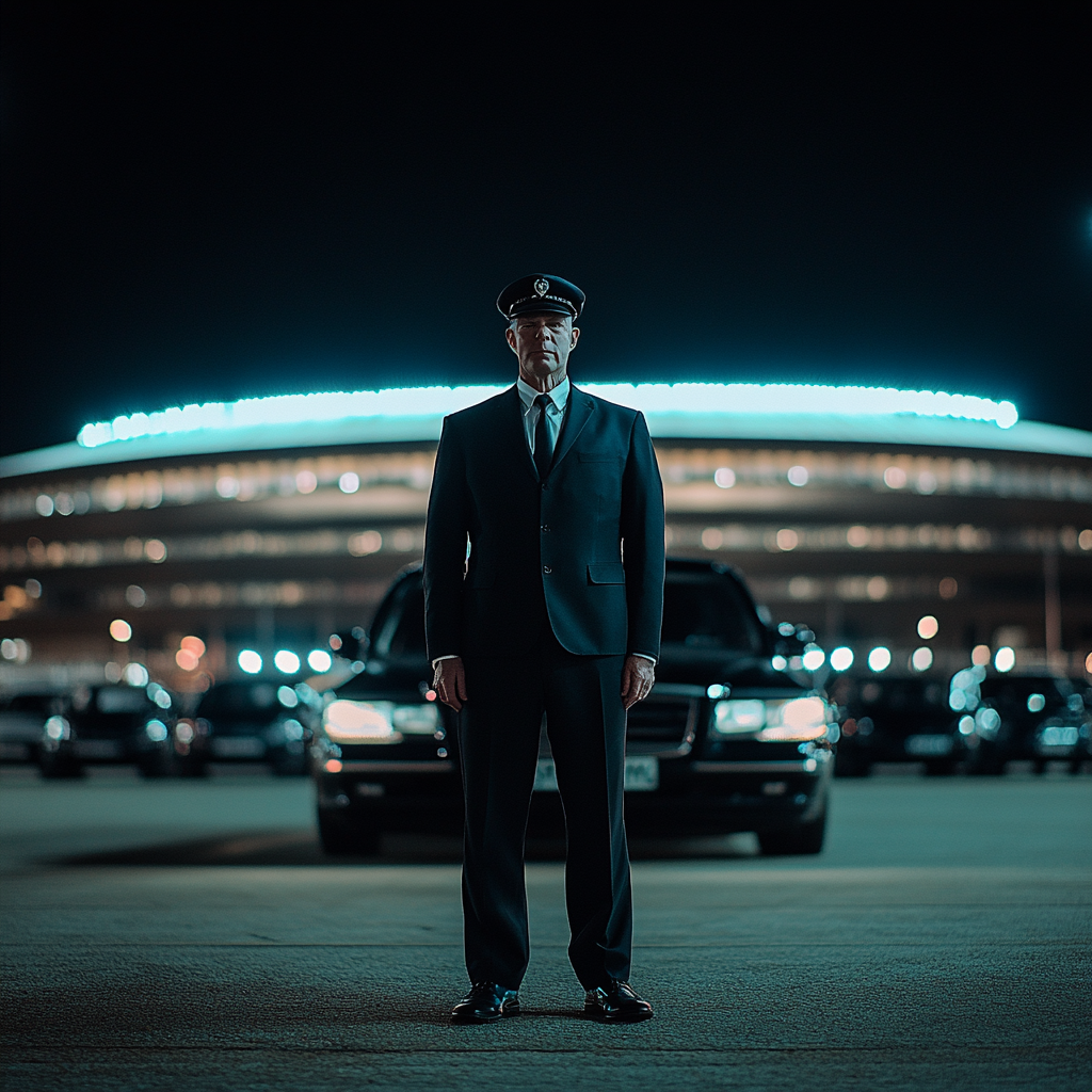 Chauffeur in Suit and Hat at Football Stadium