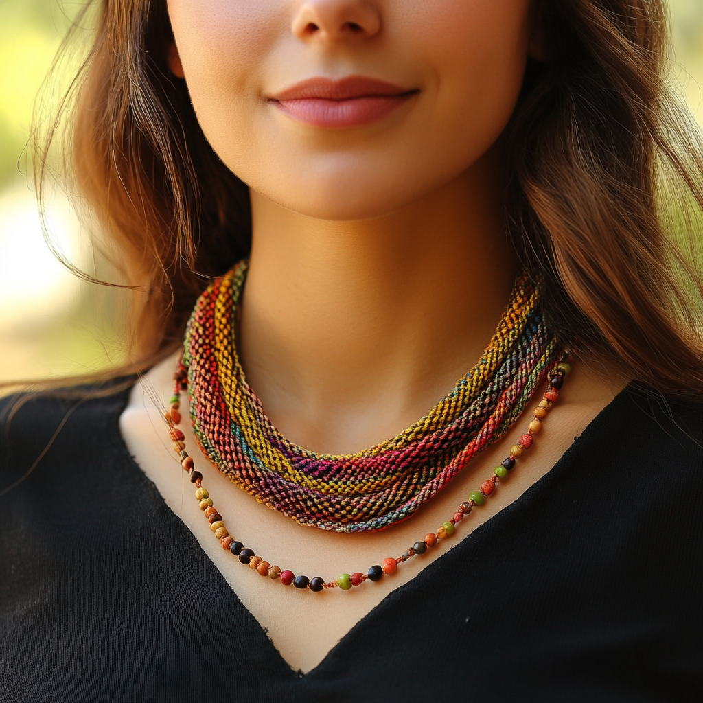 Checkerboard pattern knitted necklace with round bead accents.