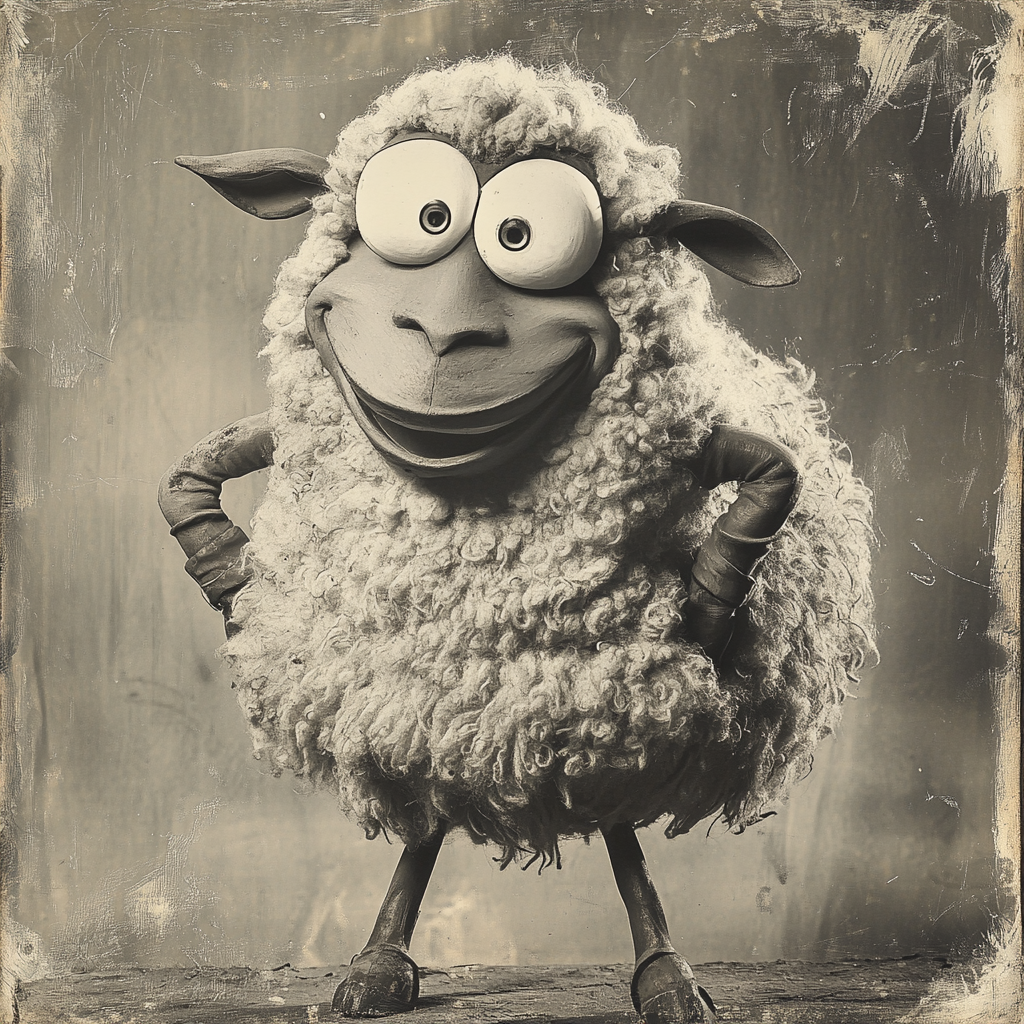 Cheerful 1930s cartoon sheep character with bendy limbs.