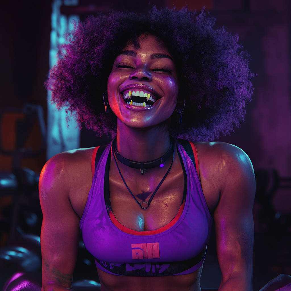 Cheerful African vampire girl in gym with Halloween style.