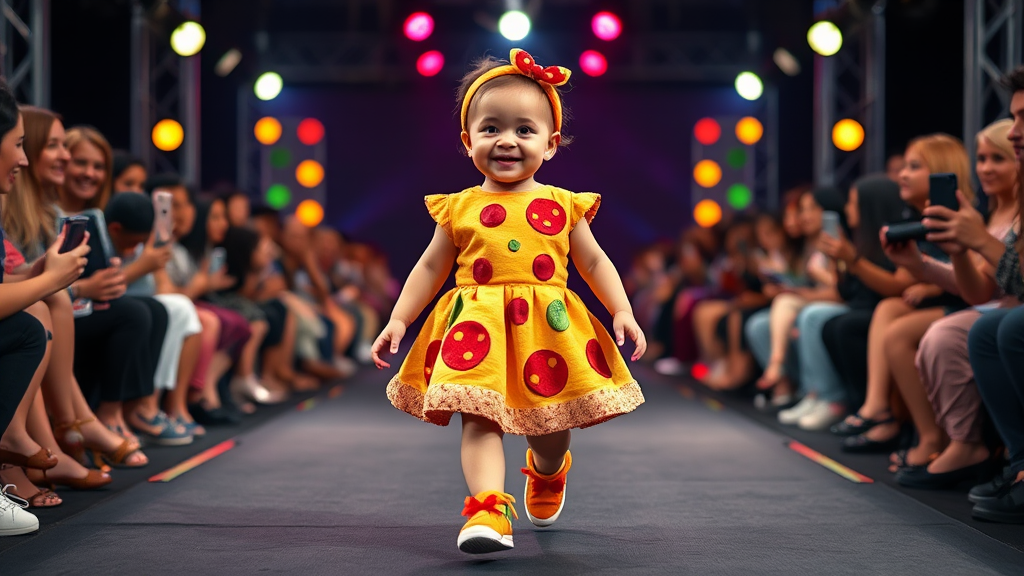 Cheerful Baby Struts in Pizza-Inspired Runway Show!