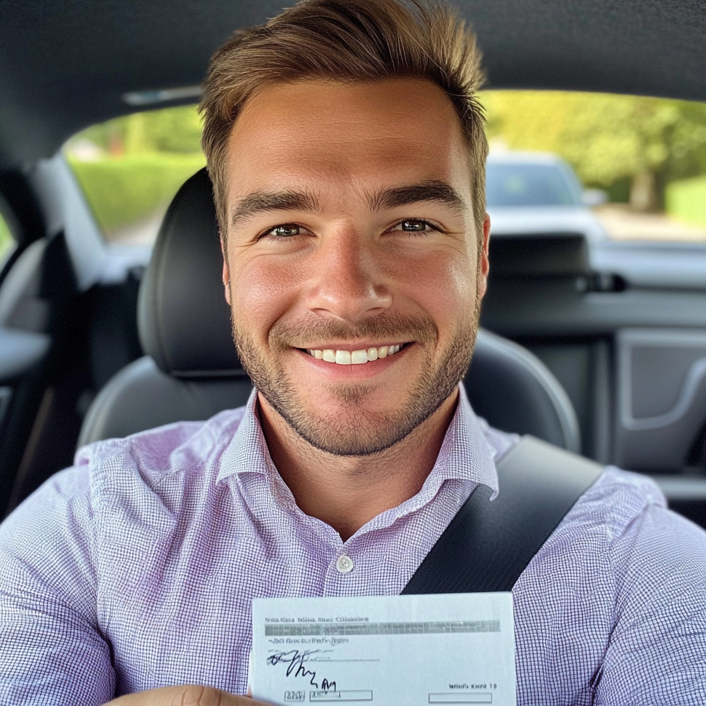 Cheerful British Man Holding Cheque in Car