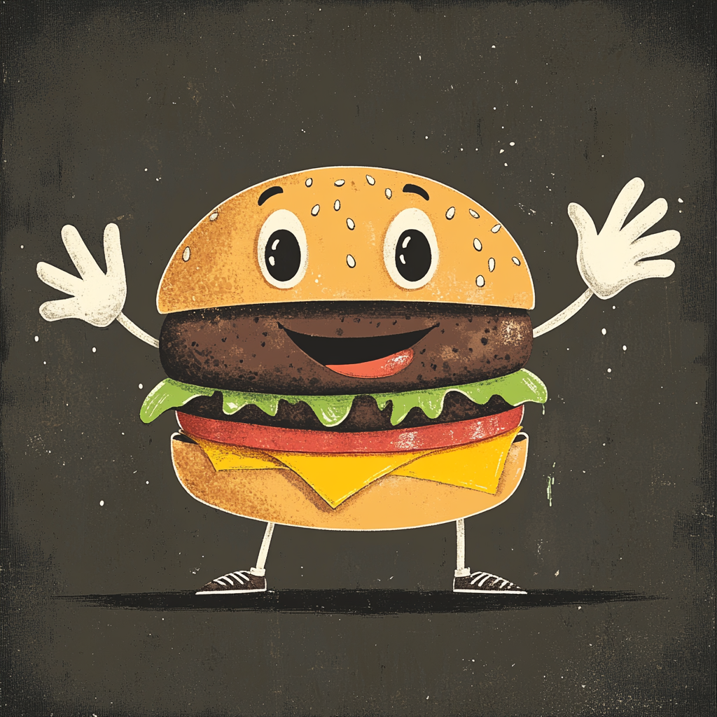 Cheerful Burger Character in Classic 1930s Cartoon Style