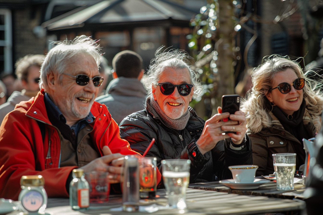 Cheerful Friends Enjoying Sunny Day at Red Accented Pub