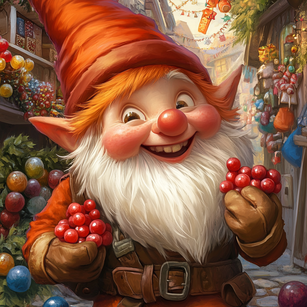 Cheerful Ginger the gnome shares holiday treats joyfully.