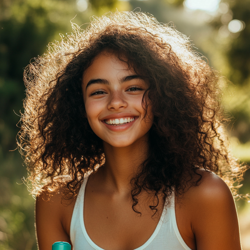 Cheerful Girl Amidst Turquoise Items in Nature