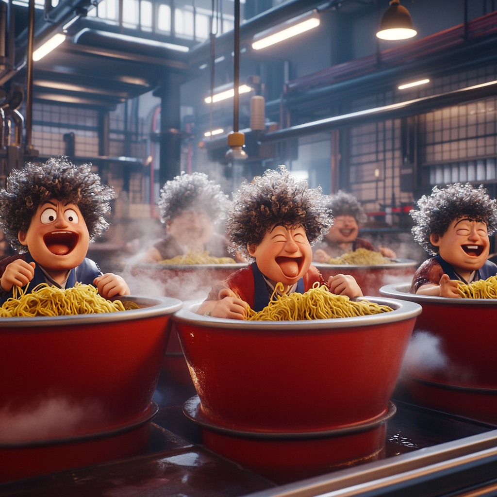 Cheerful Japanese Men Enjoying Oversized Ramen Bowls