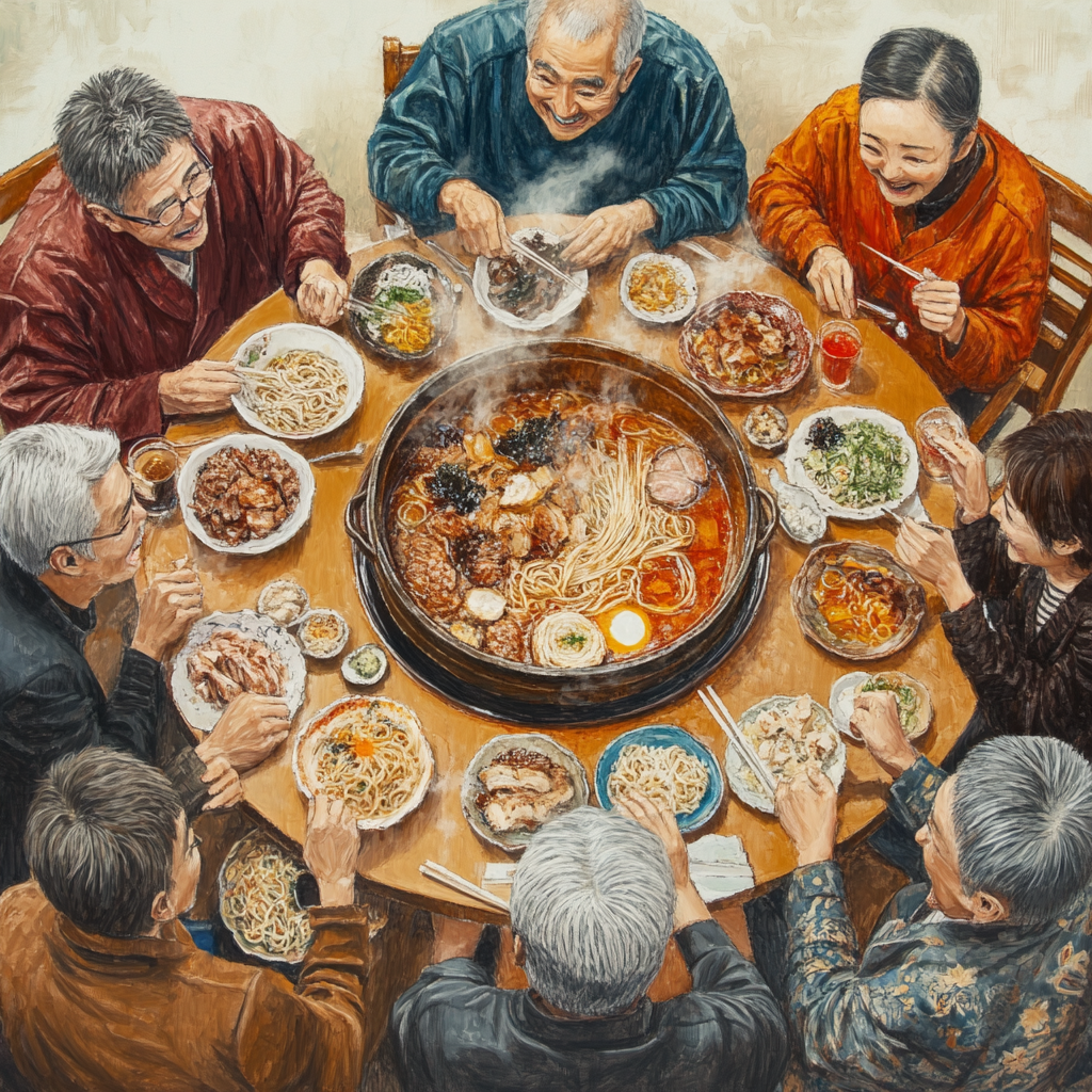 Cheerful Japanese Middle-Aged Group Enjoying Ramen Feast