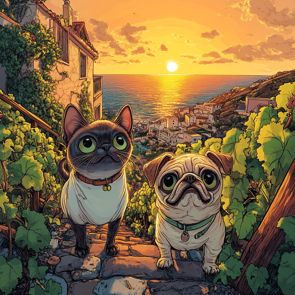 Cheerful Siamese cat and goofy Pug make vineyard.