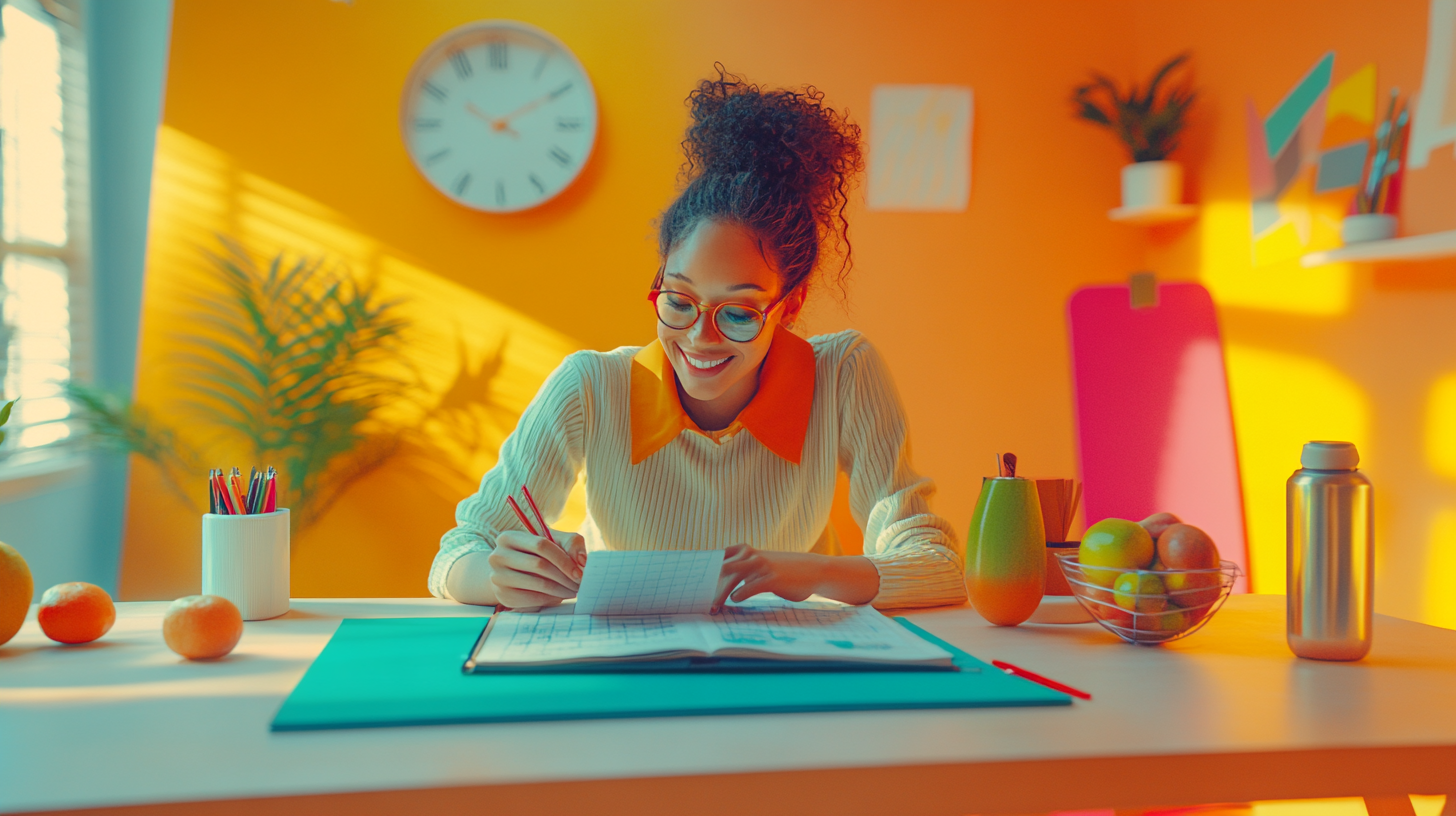 Cheerful Woman Organizing Healthy Habits at Desk