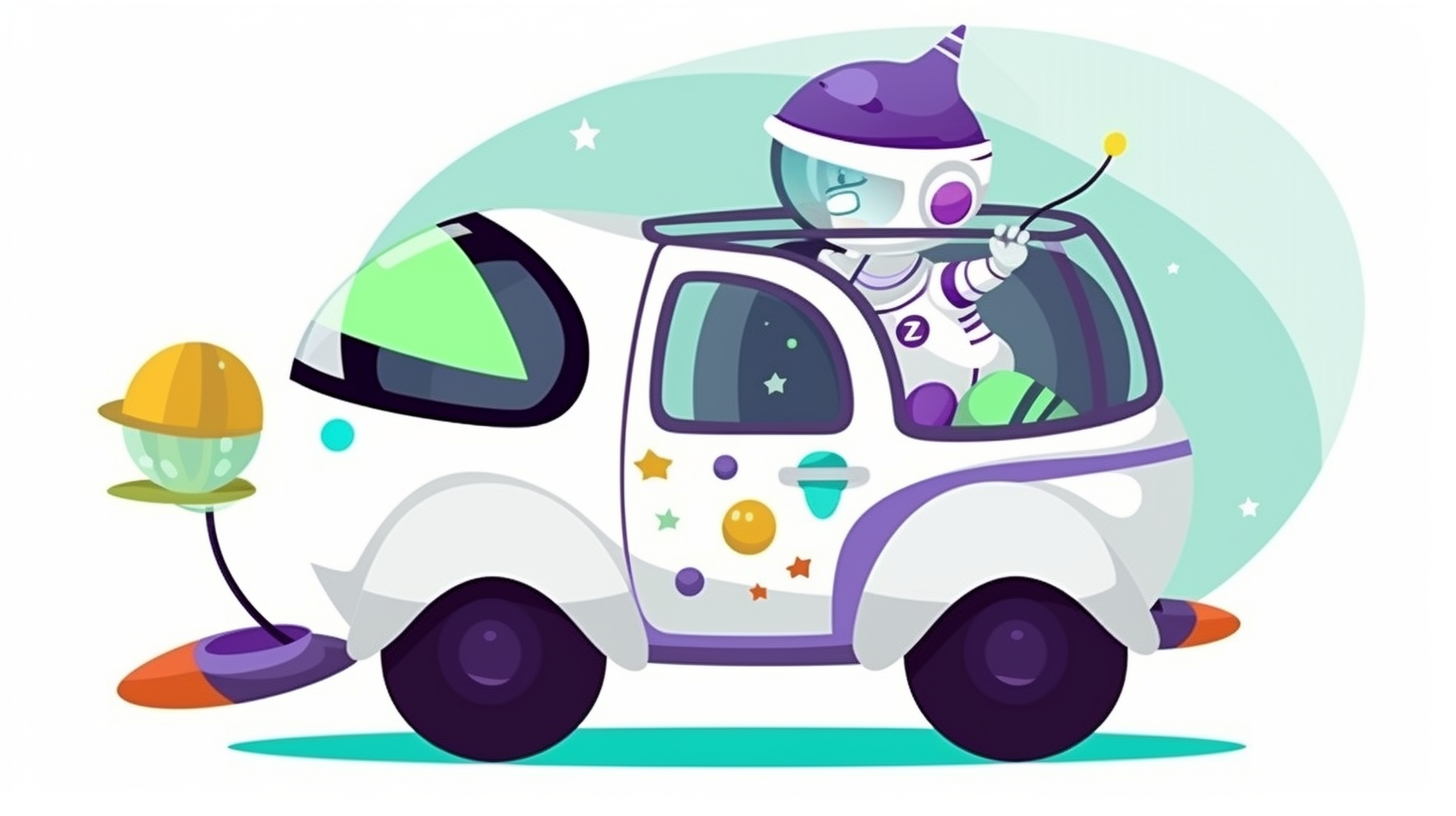 Cheerful astronaut and small car in cartoon style