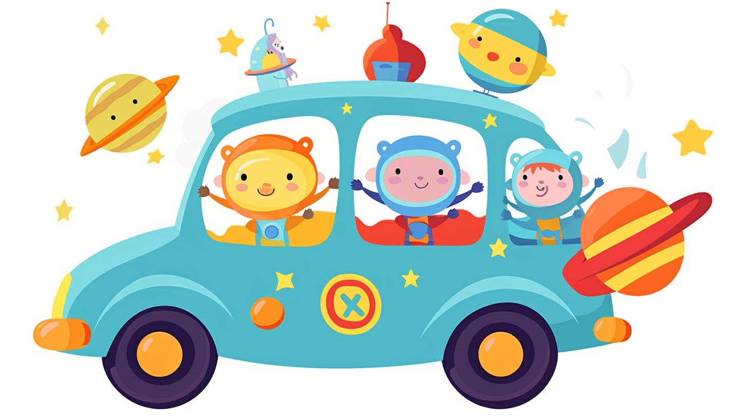 Cheerful astronauts in colorful small car