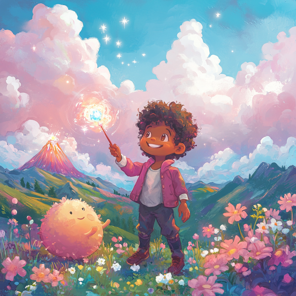 Cheerful boy Shmarlow with magic wand and glowing crystals.