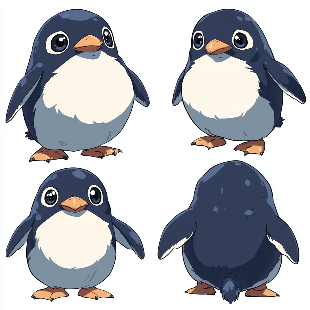 Cheerful cartoon penguin from different angles. Vintage style