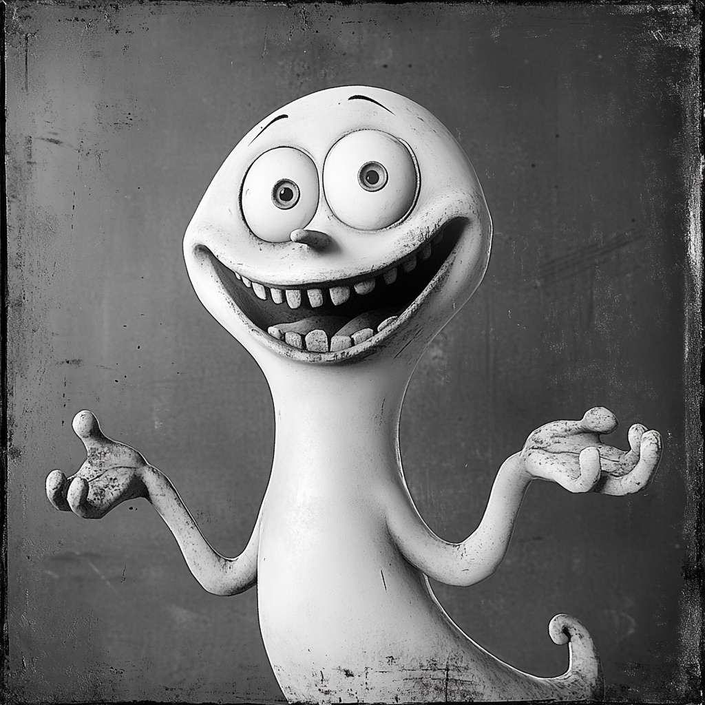 Cheerful ghost in old cartoon style with accessories.