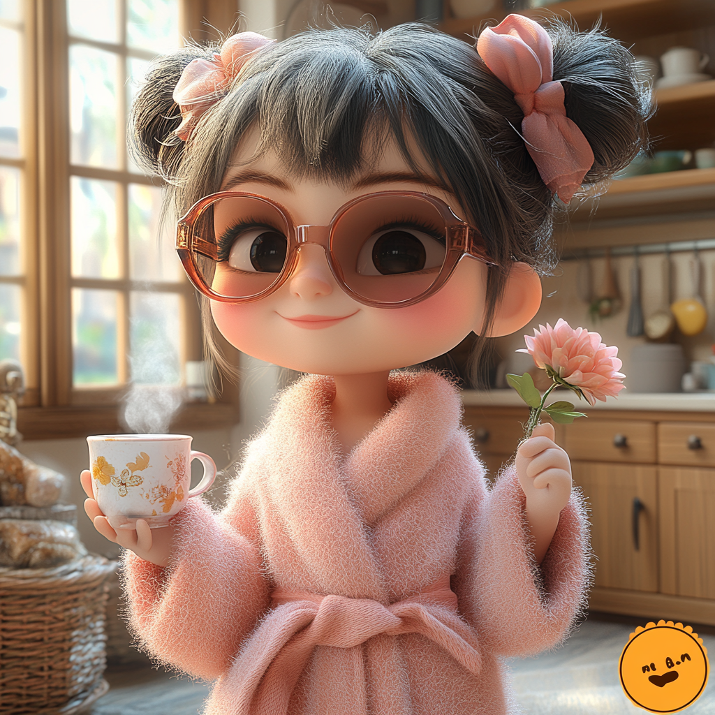 Cheerful girl in pink robe, slippers, sunglasses, coffee. Kitchen.