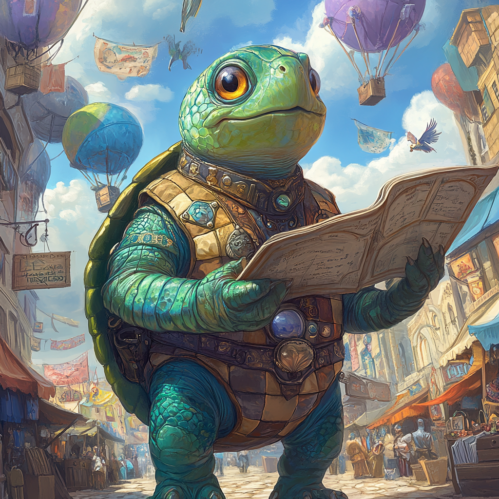 Cheerful turtle explores magical market with friends.