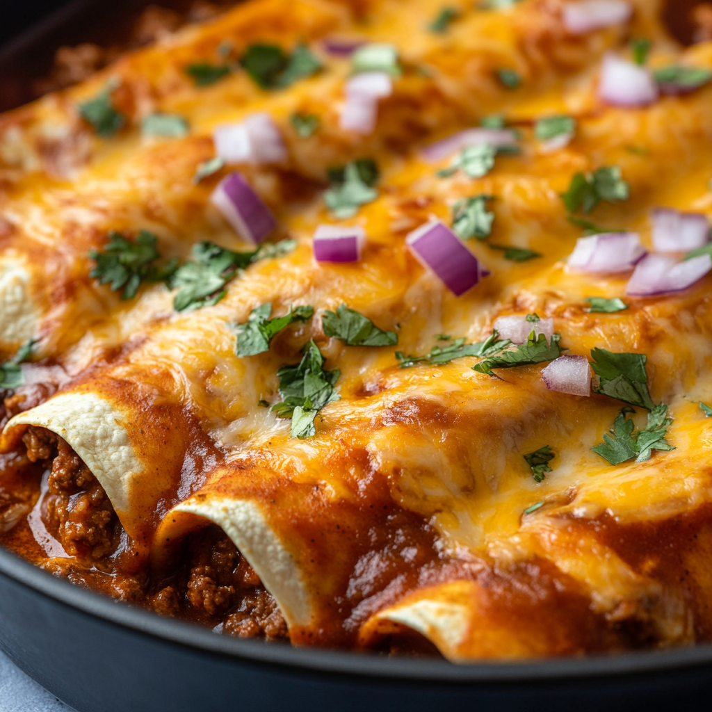 Cheesy beef enchiladas with red sauce, cilantro and sour cream.